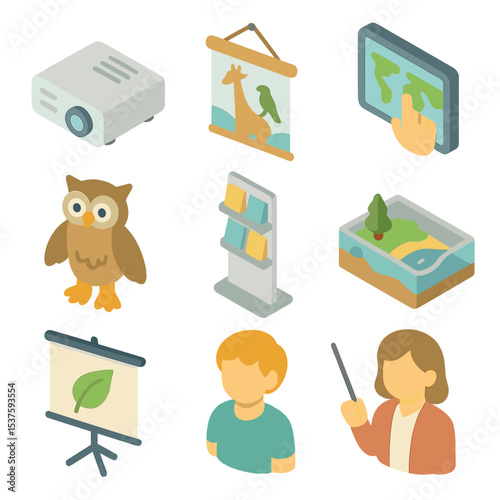 Educational Outreach Icons. Isometric Flat icon set of educational outreach programs: classroom projector, wildlife poster,