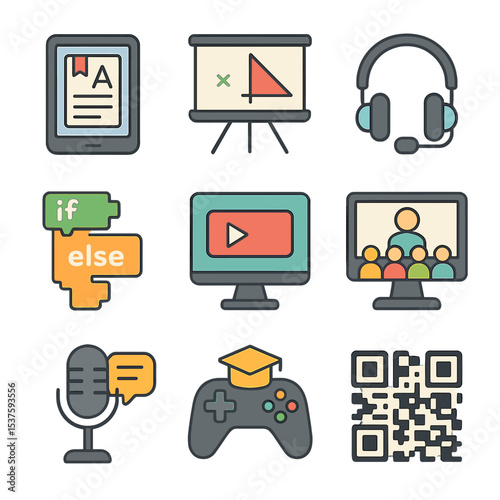 Educational Tech Icons. Isometric Flat icon set of Educational Technology and Learning Tools: tablet with learning app,