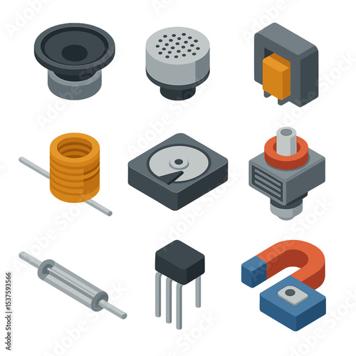 Electronic Component Icons. Isometric Flat icon set of electronic components with magnets: speaker cone, microphone element,