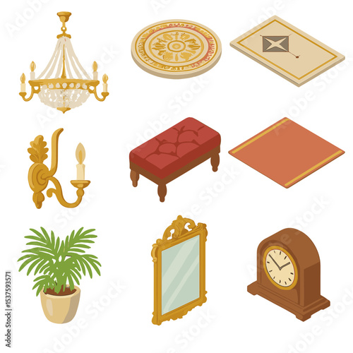Elegant Lobby Icons. Isometric Flat icon set of Grand Chandelier and Lobby Details: crystal chandelier, ornate ceiling medallion,