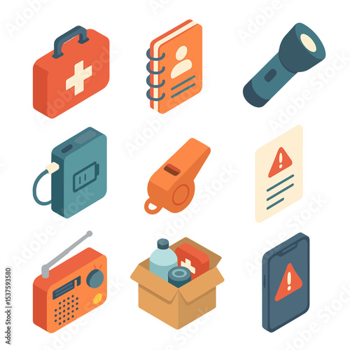 Emergency Preparedness Icons. Isometric Flat icon set of emergency preparedness for remote employees: first aid kit, emergency