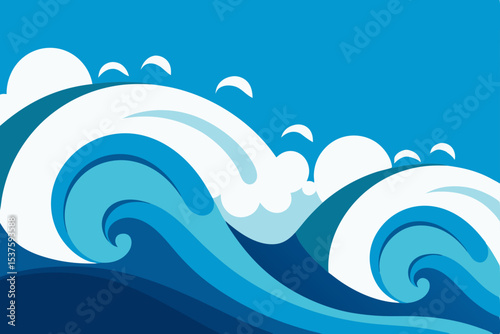 Ocean Waves Blue Water, Abstract Design, Stylized Illustration