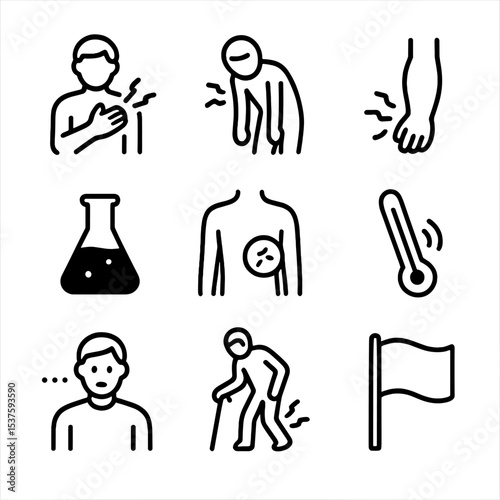 Emergency Symptom Icons. Outline icon set of warning signs serious causes: chest pain icon, severe weakness, swelling limb, dark