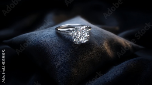 A cushion cut diamond ring on a dark blue velvet pillow in soft lighting creates an elegant scene