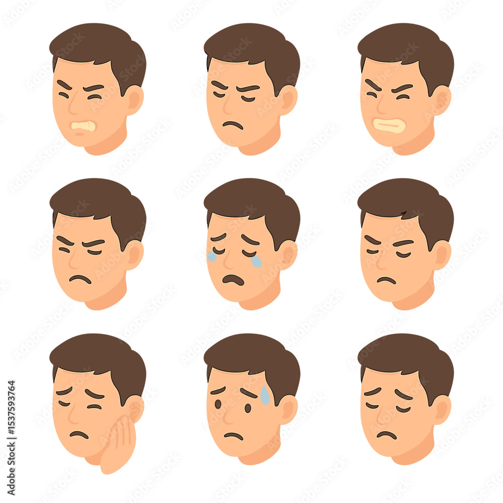 Facial Pain Icons. Isometric Flat icon set of facial pain expressions: grimace, wince, clenched teeth, furrowed brow, tears, Facial Pain Icons. Isometric Flat icon set of facial pain expressions: grimace, wince, clenched teeth, furrowed brow, tears,
