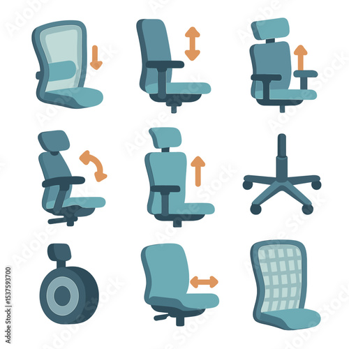 Ergonomic Chair Icon Set. Isometric Flat icon set of ergonomic chair features: adjustable lumbar support, adjustable armrest,