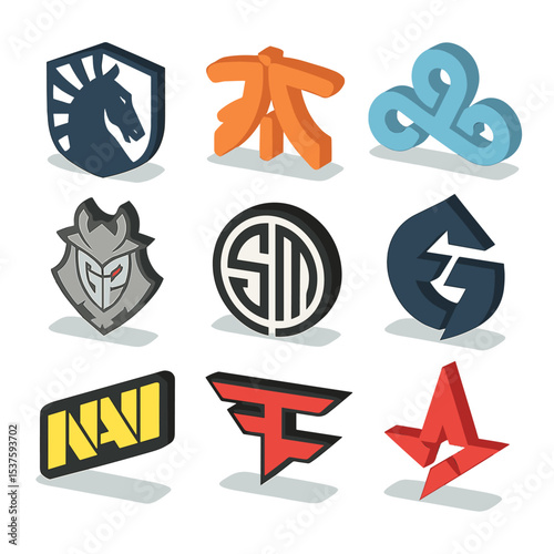 Esports Team Icons. Isometric Flat icon set of esports teams: Team Liquid, Fnatic, Cloud9, G2 Esports, Team SoloMid, Evil Geniuses