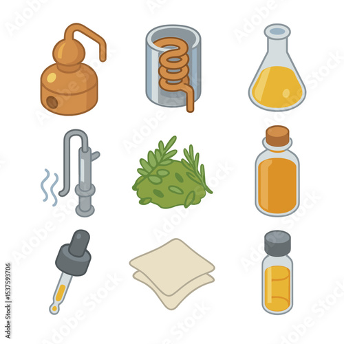 Essential Oil Distillation Icons. Isometric Flat icon set of essential oil distillation: alembic still, condenser coil, collection