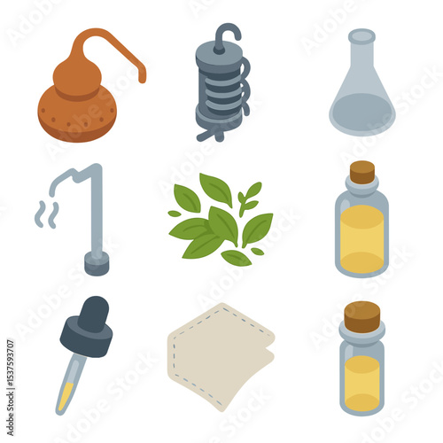 Essential Oil Distillation Icons. Isometric Flat icon set of essential oil distillation: alembic still, condenser coil, collection