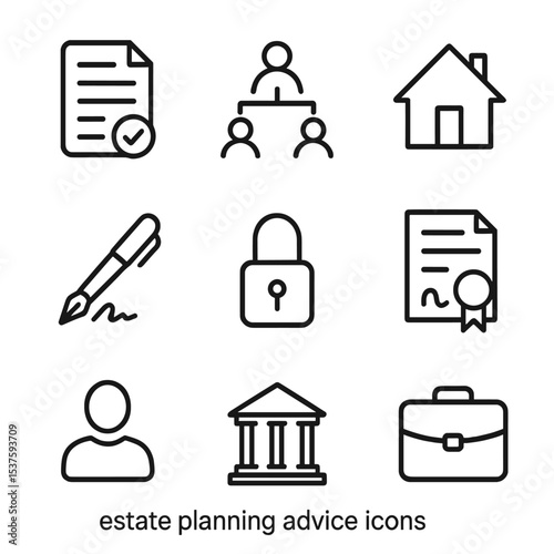 Estate Planning Icons. Outline icon set of estate planning advice: last will document, family tree diagram, house icon, signature