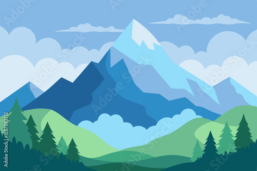Majestic Mountain Landscape Serene Peaks and Verdant Valleys Illustration