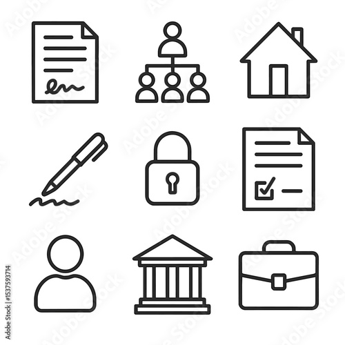 Estate Planning Icons. Outline icon set of estate planning advice: last will document, family tree diagram, house icon, signature
