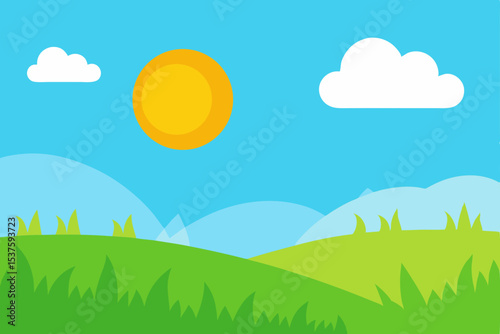 Sunny Day Landscape Rolling Hills, Green Grass, and Blue Sky Illustration