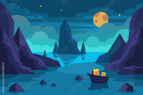 Enchanted Night Seascape Mysterious Moonlit Bay with Ancient Sailing Vessel