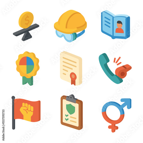 Ethical Labor Icons. Isometric Flat icon set of ethical labor practices: fair wages icon, safety helmet and goggles, worker