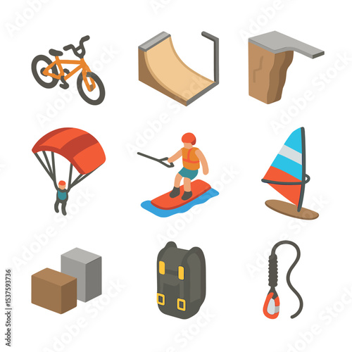 Extreme Sports Icons. Isometric Flat icon set of extreme sports thrills: BMX bike, skateboarding ramp, cliff diving board, base