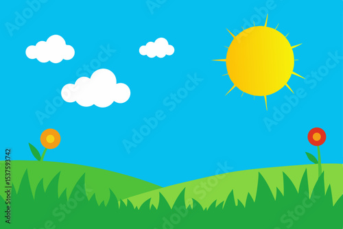 Sunny Day Meadow Illustration of a cheerful landscape with flowers and sun