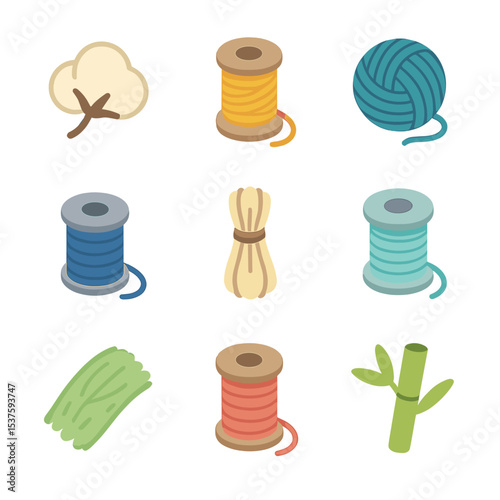 Fabric Composition Icons. Isometric Flat icon set of fabric composition: cotton fiber, silk thread, wool yarn, polyester filament,