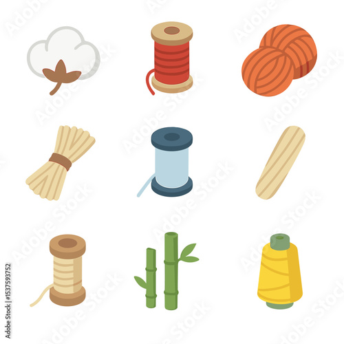 Fabric Composition Icons. Isometric Flat icon set of fabric composition: cotton fiber, silk thread, wool yarn, polyester filament,