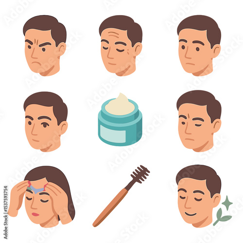 Facial Expression Icons. Isometric Flat icon set of facial expression wrinkles: furrowed brow, crow’s feet, forehead lines,