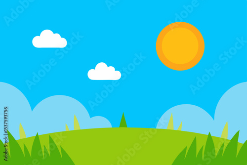 Sunny Day Landscape Vibrant Green Hills, Blue Sky, and Fluffy Clouds Illustration