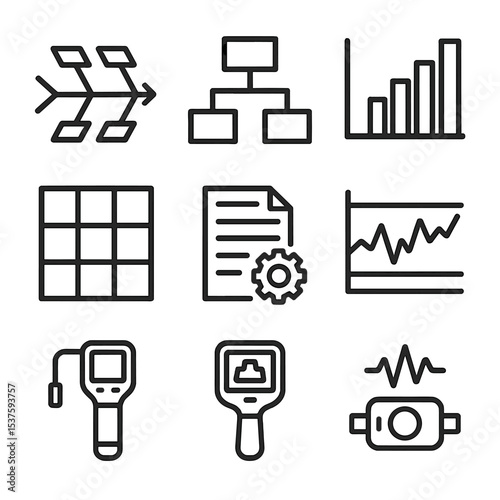 Failure Analysis Tools. Outline icon set of failure analysis tools: fishbone diagram, fault tree, Pareto chart, FMEA matrix, root