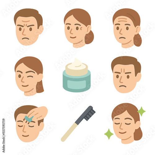 Facial Expression Icons. Isometric Flat icon set of facial expression wrinkles: furrowed brow, crow’s feet, forehead lines,
