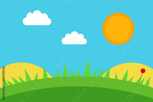 Sunny Day Landscape Simple Illustration of a Hilly Meadow under a Bright Sun and Fluffy Clouds