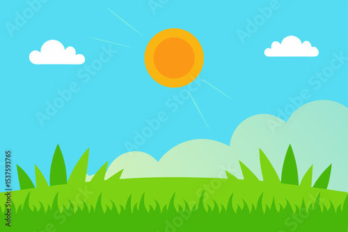Sunny Day Landscape Vibrant Green Grass, Blue Sky, and Shining Sun Illustration