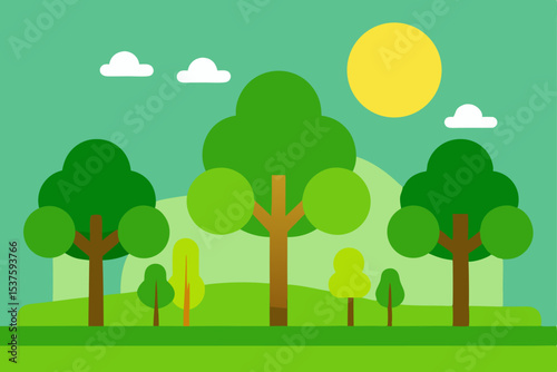 Summer Green Landscape Nature Illustration of Trees, Sun, and Clouds