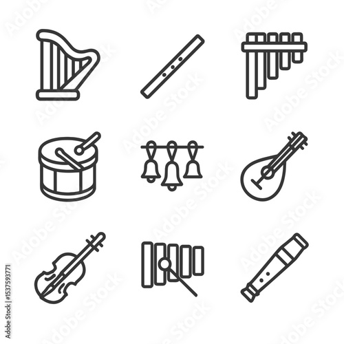 Fairy Instrument Icons. Outline icon set of fairy musical instruments: tiny harp, flute, panpipes, drum, bell chimes, lute, violin