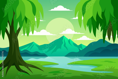 Serene Landscape Weeping Willow Trees Framing a Majestic Mountain and Calm River