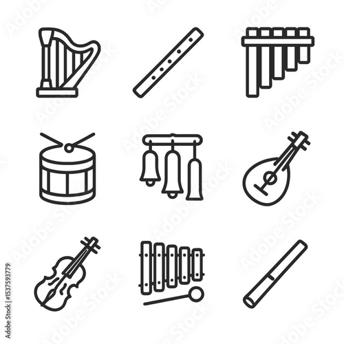 Fairy Instrument Icons. Outline icon set of fairy musical instruments: tiny harp, flute, panpipes, drum, bell chimes, lute, violin