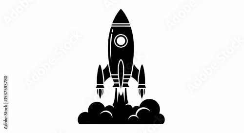 This high-quality vector illustration features a solid black rocket silhouette shooting upward with a pointed tip, window, and fins, emitting flames and smoke, suitable for vector use.