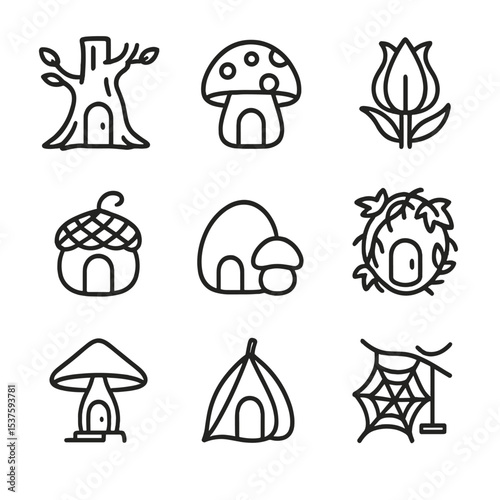 Fairy Dwelling Icons. Outline icon set of fairy dwellings: hollow tree, mushroom house, flower bud cottage, acorn cap hut, pebble