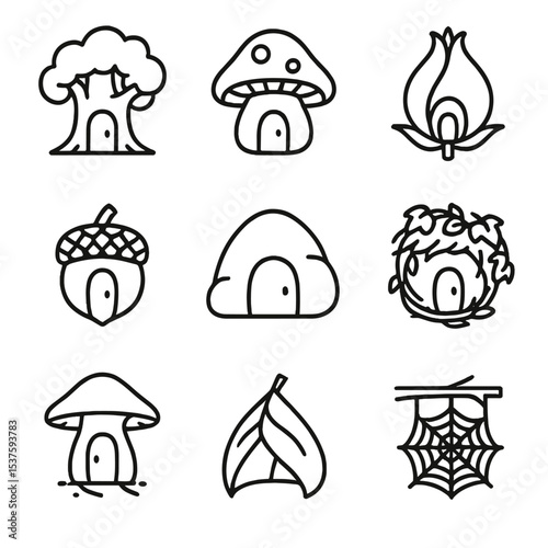 Fairy Dwelling Icons. Outline icon set of fairy dwellings: hollow tree, mushroom house, flower bud cottage, acorn cap hut, pebble