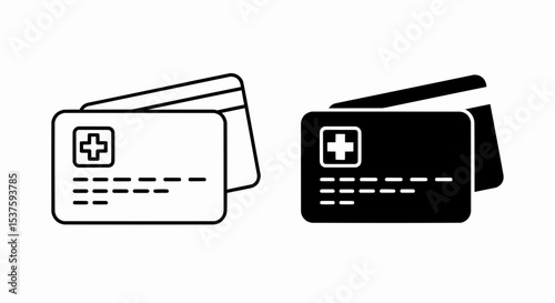 This high-quality vector image features two depictions of a flat black medical insurance card: surrounded by a white layer, both showing cross symbols, dashed lines, and rounded corners.