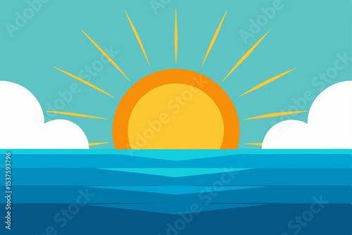 Serene Sunset Ocean Horizon and Golden Sun Rays Illustration