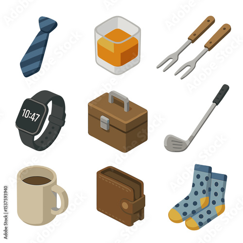 Father's Day Gift Icons. Isometric Flat icon set of Father’s Day gifts: necktie, whiskey tumbler, grill tools, smartwatch, toolbox