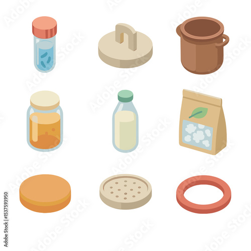 Fermentation Culture Icons. Isometric Flat icon set of fermentation cultures: Lactobacillus vial, fermentation weight, ceramic