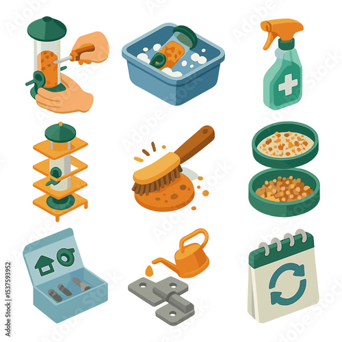 Feeding Station Icons. Isometric Flat icon set of feeding station maintenance: feeder disassembly, washing basin, disinfectant