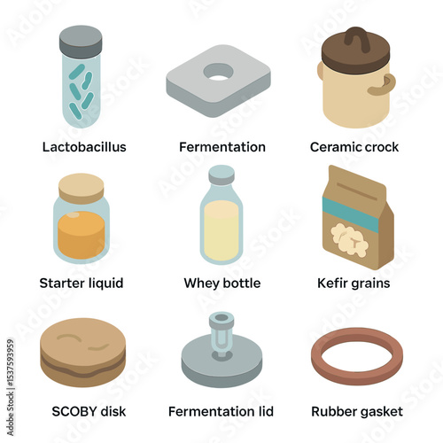 Fermentation Culture Icons. Isometric Flat icon set of fermentation cultures: Lactobacillus vial, fermentation weight, ceramic