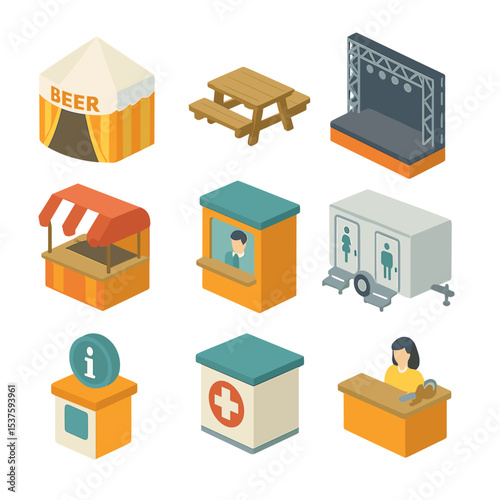 Festival Grounds Icons. Isometric Flat icon set of festival grounds facilities: beer tent facade, outdoor picnic table, stage