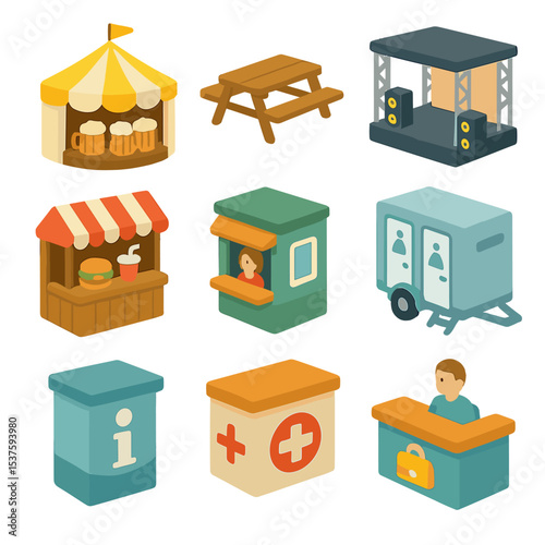 Festival Grounds Icons. Isometric Flat icon set of festival grounds facilities: beer tent facade, outdoor picnic table, stage
