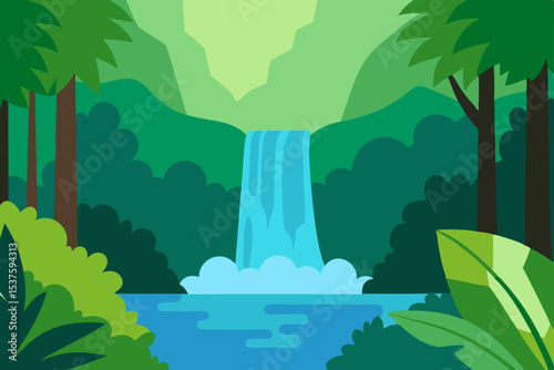 Lush Rainforest Waterfall A Serene Tropical Paradise Illustration