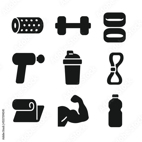 Fitness Recovery Icons. Solid, Filled icon set of fitness recovery: foam roller, dumbbell, resistance band, massage gun, protein