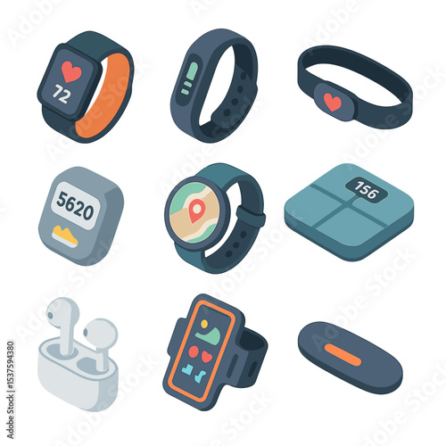 Fitness Tracker Icon Set. Isometric Flat icon set of fitness tracker devices: smartwatch, fitness band, heart rate chest strap,