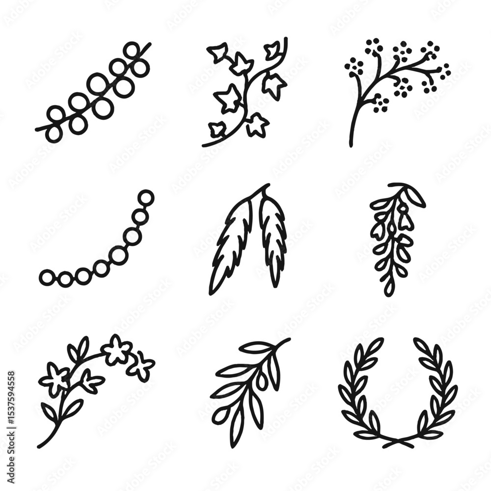 Fototapeta premium Floral Garland Icons. Outline icon set of floral garlands: eucalyptus strand, ivy vine, baby’s breath chain, globe amaranth string
