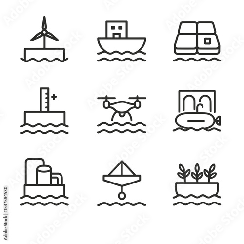 Floating City Icons. Outline icon set of floating city platforms: wave energy generator, buoyant hull, modular platform, sea level