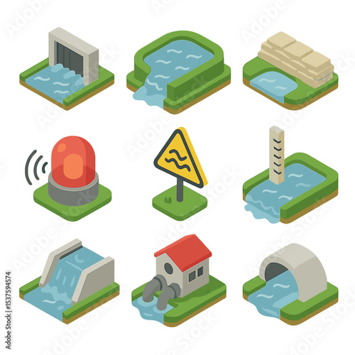 Flood Management Icons. Isometric Flat icon set of river flood management: floodgate, retention pond, sandbag barrier, overflow